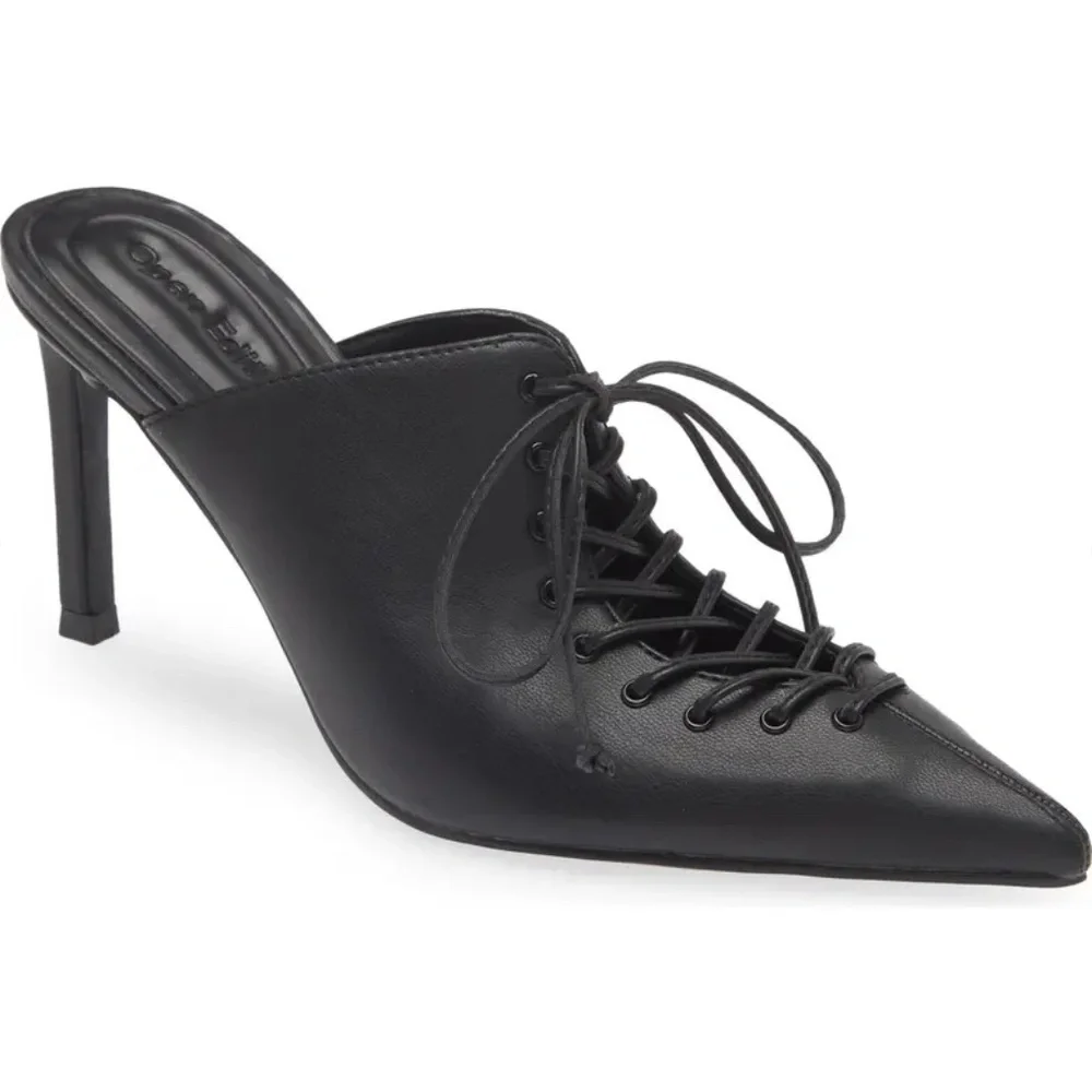 🆕OPEN EDIT Natalya Black Leather Lace Up Pointed Toe Mule Stiletto Pumps::NIB: